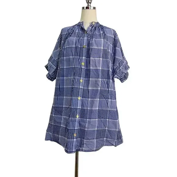 Never A Wallflower Elastic Sleeve Dress Navy Blue Plaid Printed Cotton Mini - Picture 1 of 8